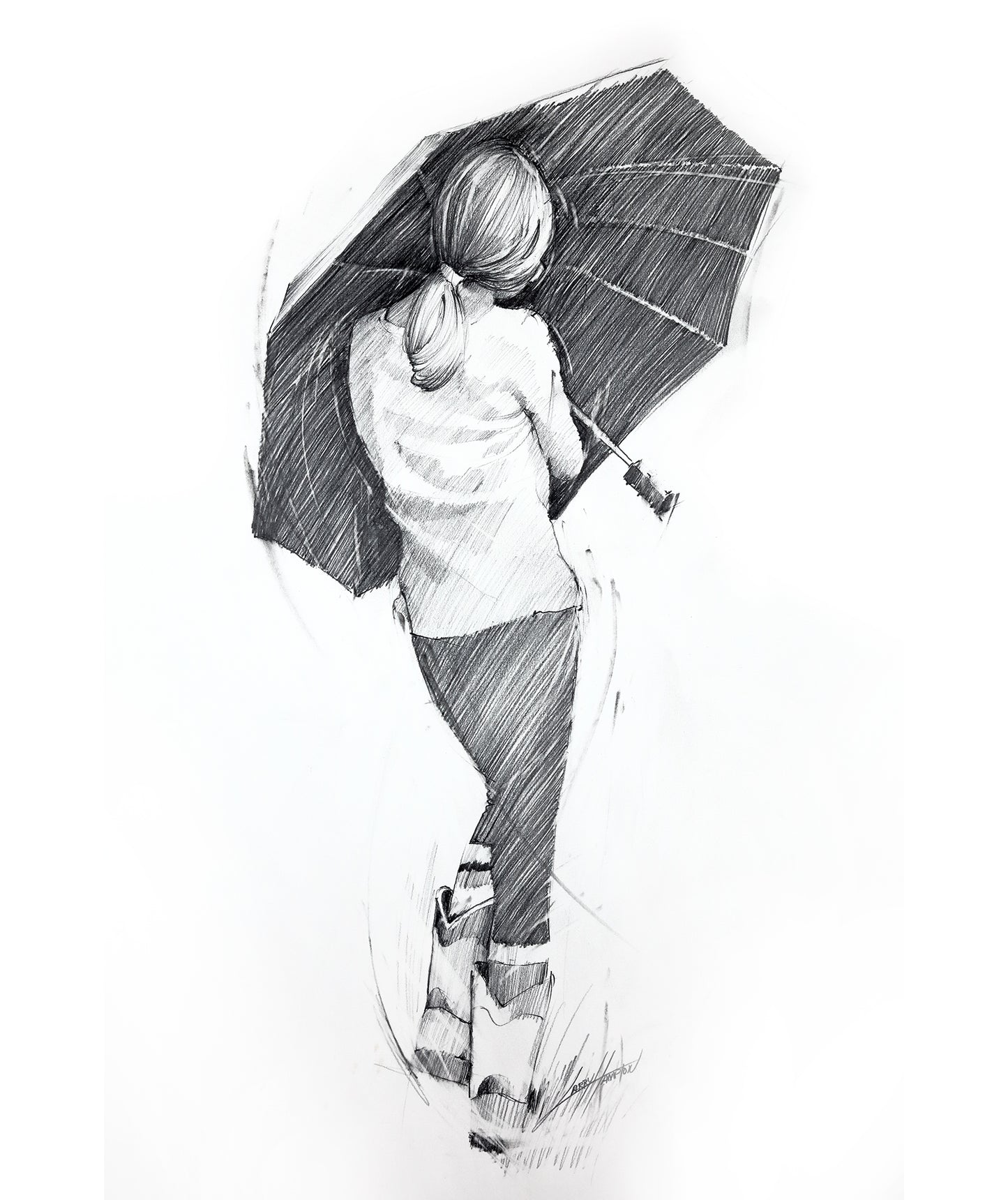 Umbrella Girl - Pencil Drawing Fine Art Print by Larry Hampton