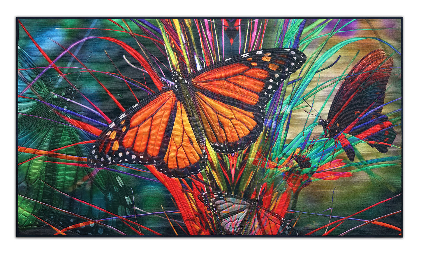 ART QUILT TITLED Flutterbies, CREATED by Karen Hampton, SIZE: 57” x 32 1/2” This luminescent digital/quilted piece is a collaboration of husband and wife. Original photos digitally printed on satin polyester fabric with cotton batting. Quilted with silk thread.