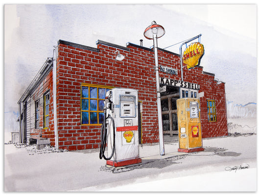 Limited Edition prints, mixed media watercolor and colored pencil art of an nostalgic gas station with vintage gas pumps.