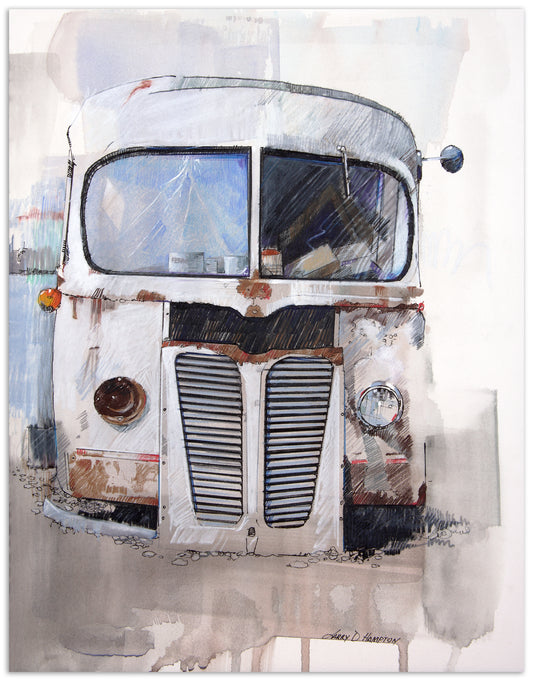 Limited Edition prints,  mixed media watercolor and colored pencil art of an old milk truck