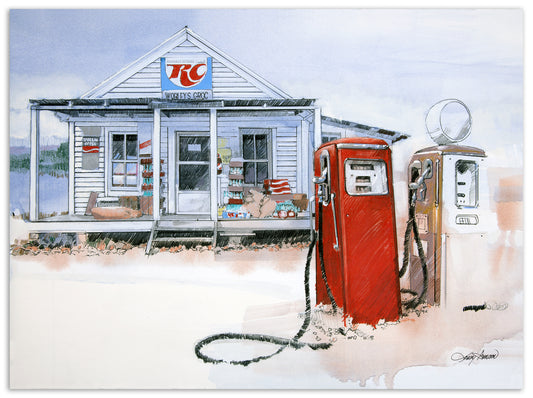 Limited Edition prints,  mixed media watercolor and colored pencil art of an old store gas station 