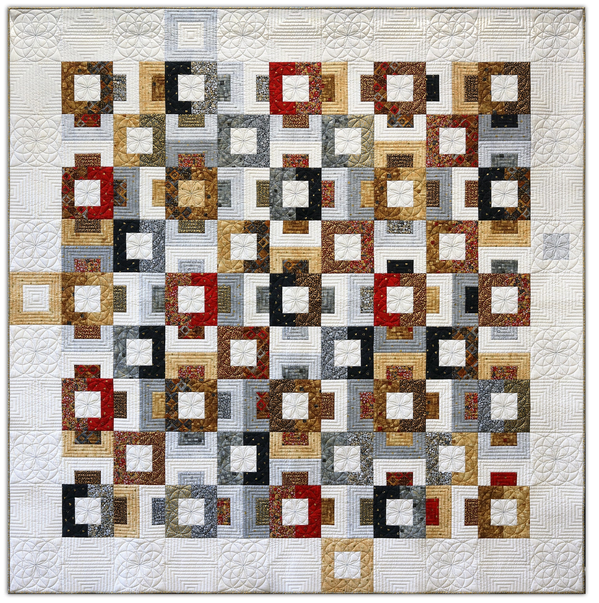 ART QUILT TITLED: Block Party CREATED by Karen Hampton, SIZE: 87” x 87” Made from an existing pattern named Blockstep, Pieced, and Machine quilted. Inspired by Gustav Klint fabric. 