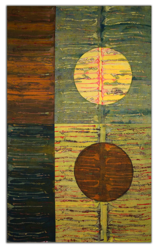 ART QUILT TITLED: ECLIPSE, CREATED by Karen Hampton, SIZE: 41 1/2” x 66”  The spontaneous creative process of reacting to each dye layer as it is added can create painterly organic happy accidents. Original whole cloth design silkscreened onto white silk charmeuse using dried thickened fiber reactive dyes on a blank silkscreen.