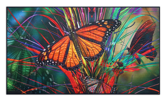ART QUILT TITLED Flutterbies, CREATED by Karen Hampton, SIZE: 57” x 32 1/2”  This luminescent digital/quilted piece is a collaboration of husband and wife. Original photos digitally printed on satin polyester fabric with cotton batting. Quilted with silk thread.