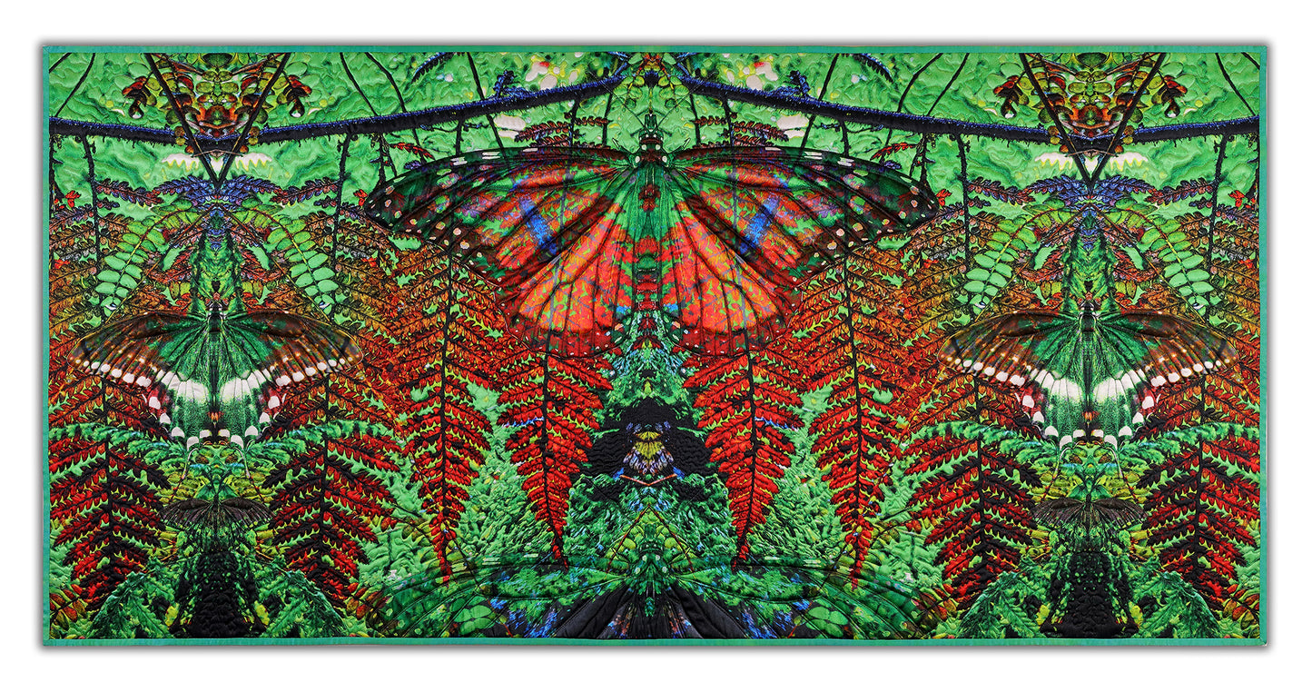 ART QUILT TITLED: Rainforest Morph, CREATED by Karen Hampton, 48 1/4” x 23 1/2” These luminescent digital/quilted pieces are a collaboration of husband and wife. Original photos digitally printed on satin polyester fabric with cotton batting. Quilted with silk thread.