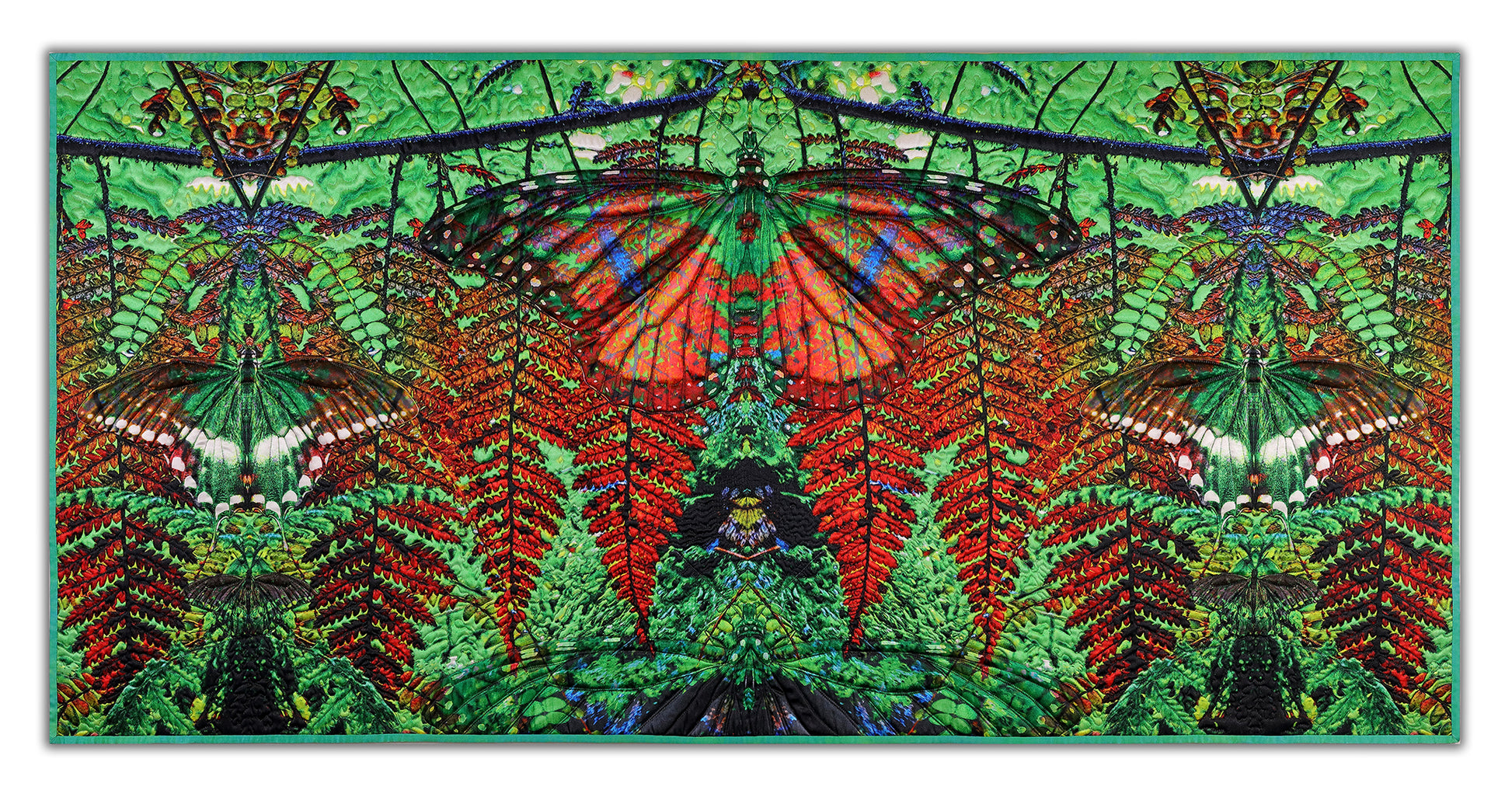 ART QUILT TITLED: Rainforest Morph, CREATED by Karen Hampton, 48 1/4” x 23 1/2” These luminescent digital/quilted pieces are a collaboration of husband and wife. Original photos digitally printed on satin polyester fabric with cotton batting. Quilted with silk thread.