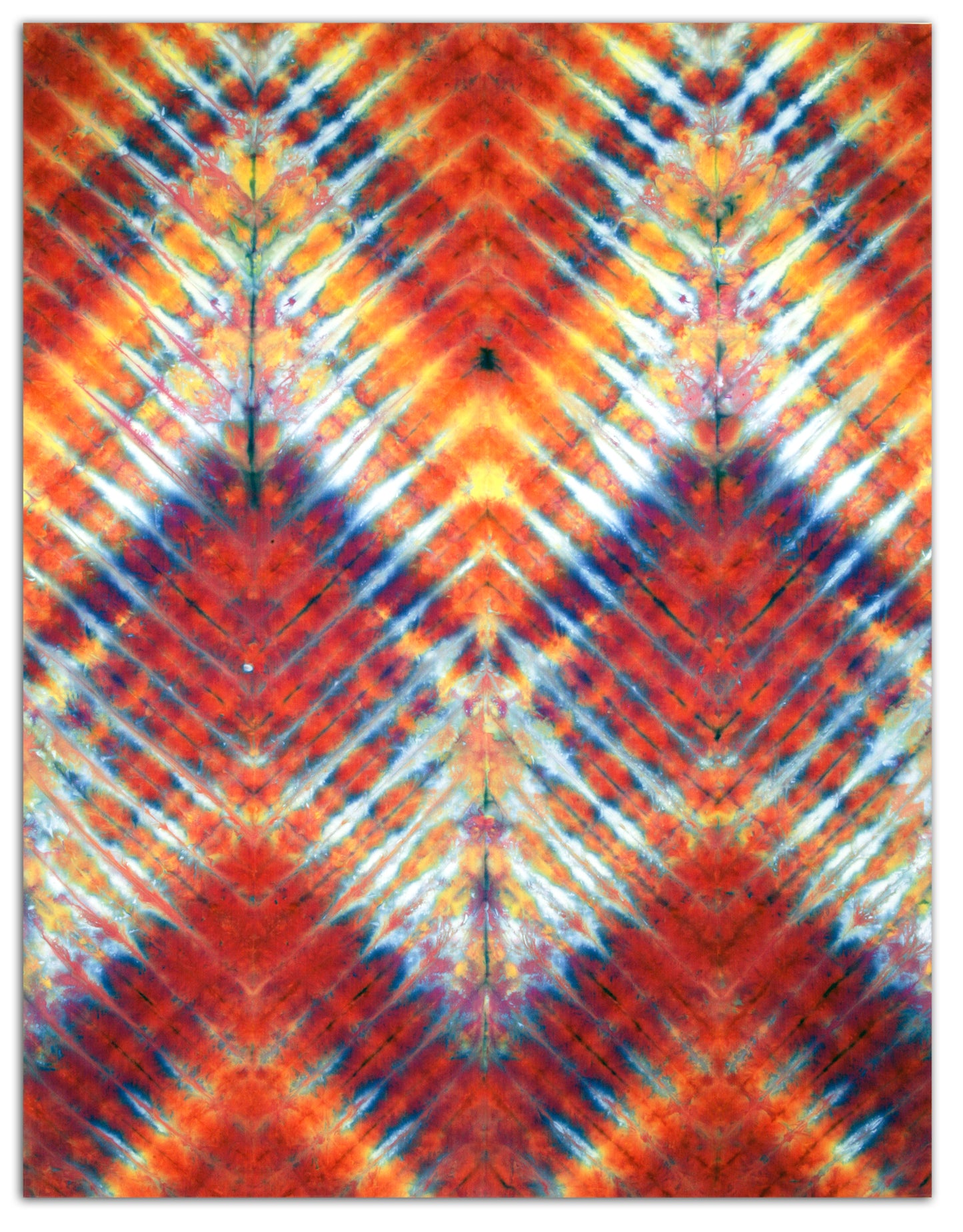 WHOLE CLOTH SHIBORI TITLED: Symmetry CREATED by Karen Hampton SIZE: 43 ½” x 56” There are many happy accidents when dyeing fabric.  Using cold snow with the dye allows different dye particles to strike at different rates to produce many separated colors from just two original dye colors — yellow and purple. Original whole cloth shibori snow-dyed onto heavy white silk habotai.