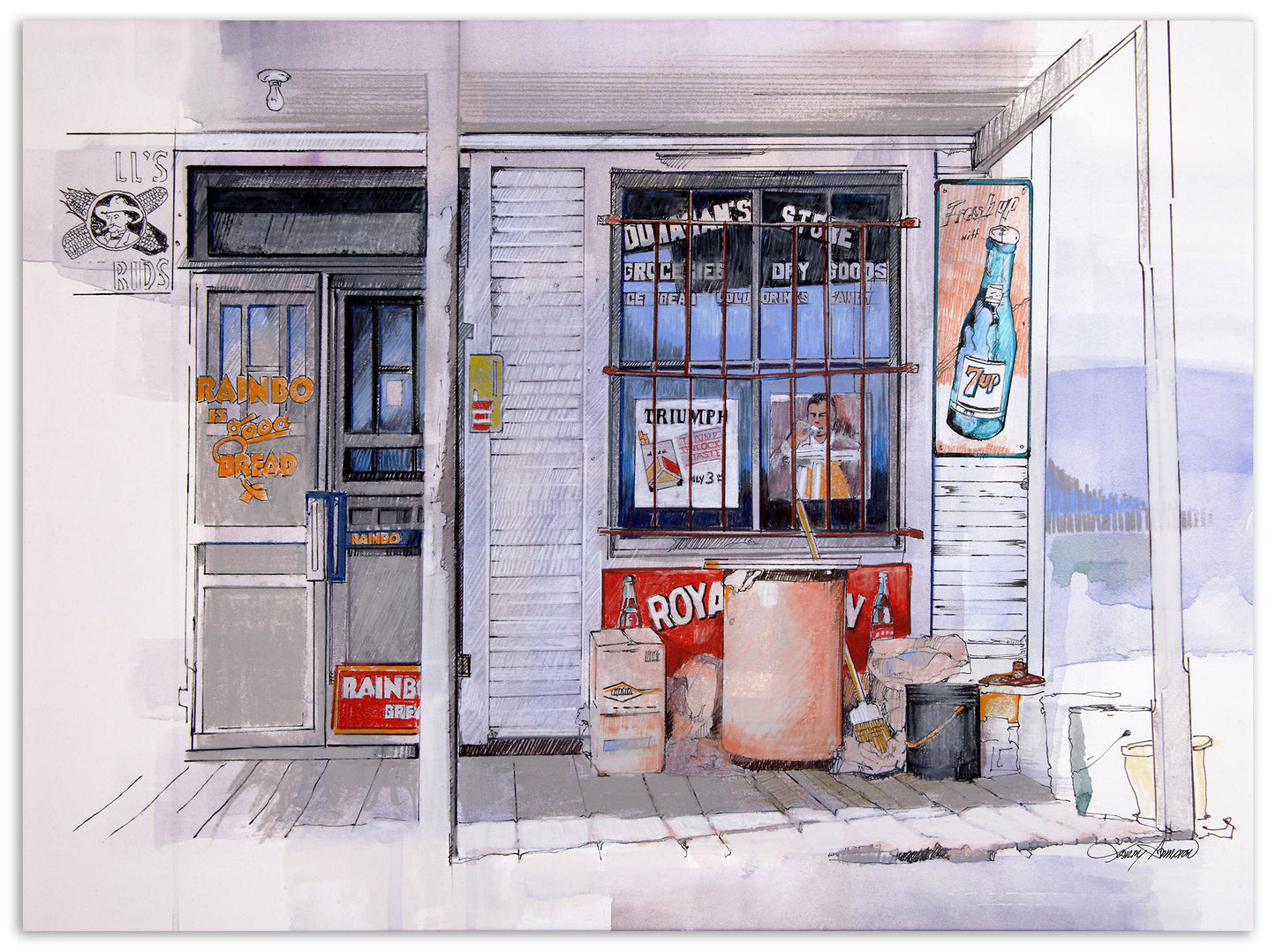 Limited Edition prints, mixed media watercolor and colored pencil art of an old store front. This store front porch scene has nostalgic signs displayed.